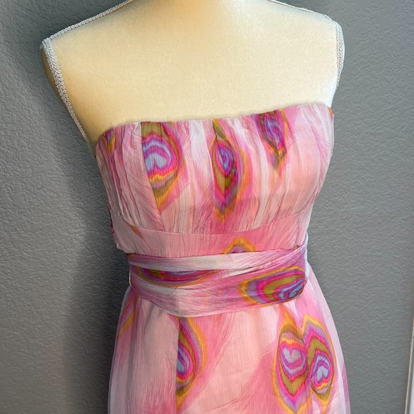 Nanette Lepore Pink Strapless Dress, Peacock Print - Picture 5 of 8